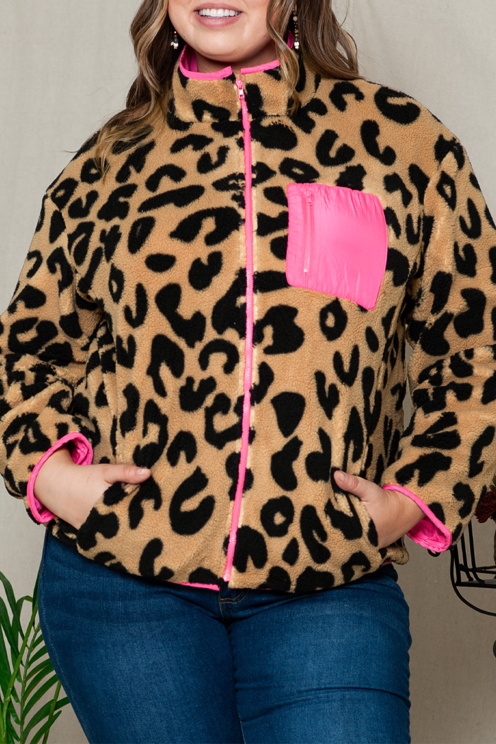 Leopard Colorblock Pocket Zipper Fuzzy Fleece Jacket