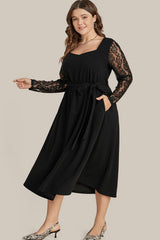 Black Plus Size Sheer Lace Sleeve Belted Ruffle Midi Dress