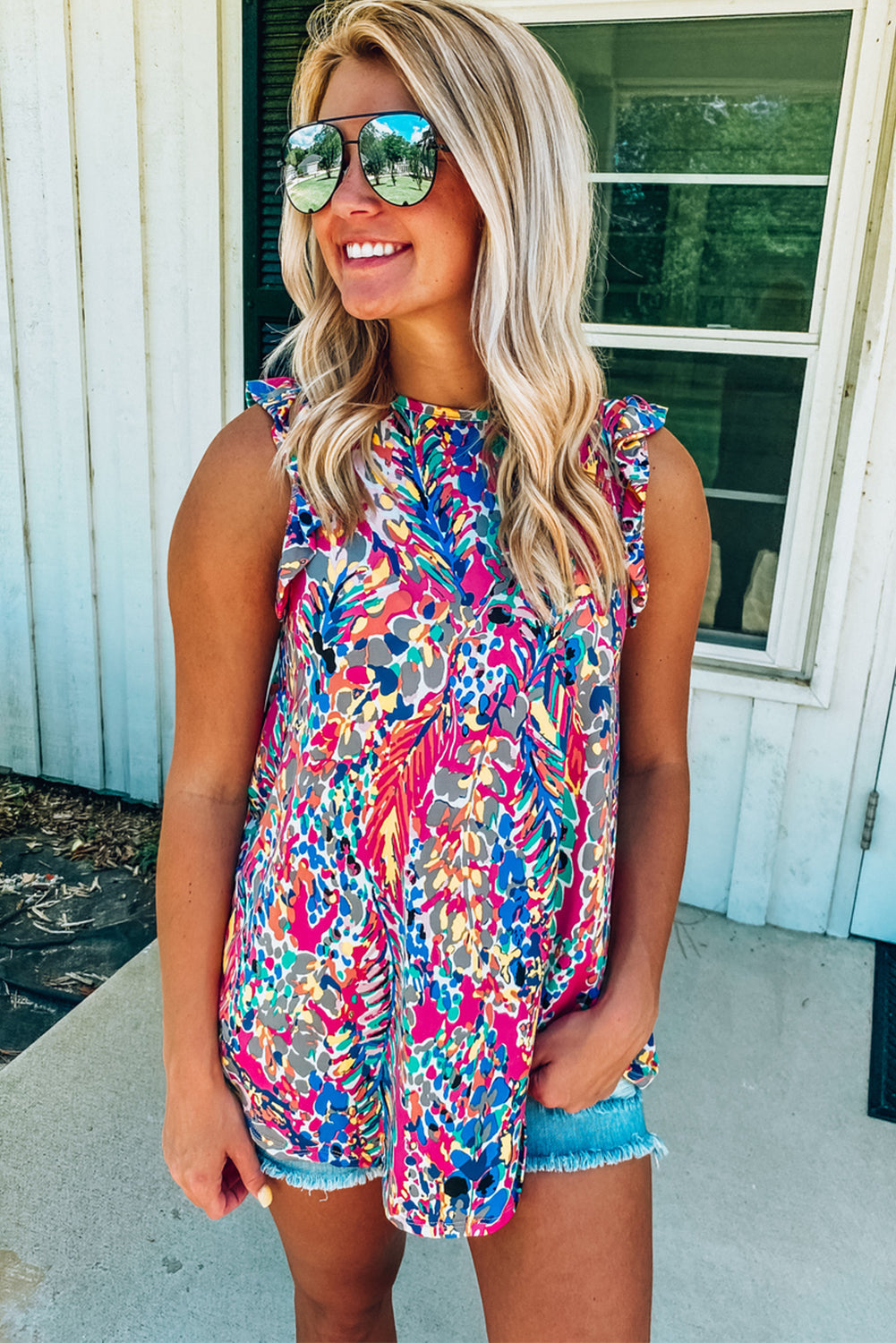 Blue Floral Print Tank Top with Ruffles