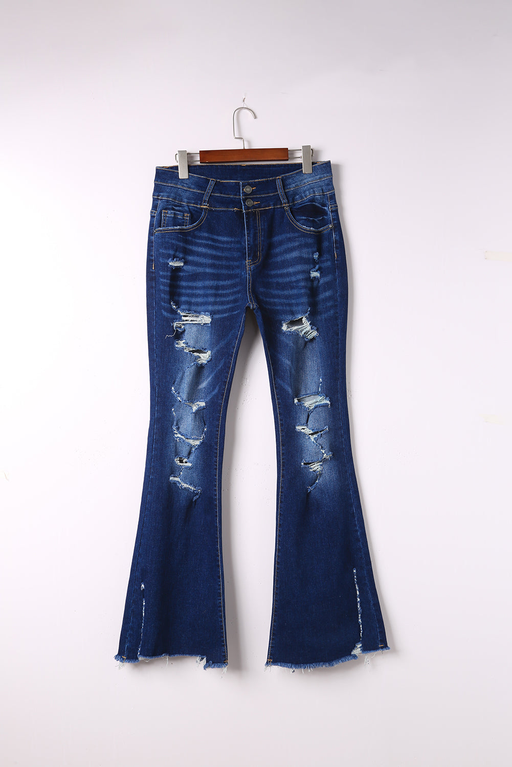 Blue Distressed High Waist Flared Jeans