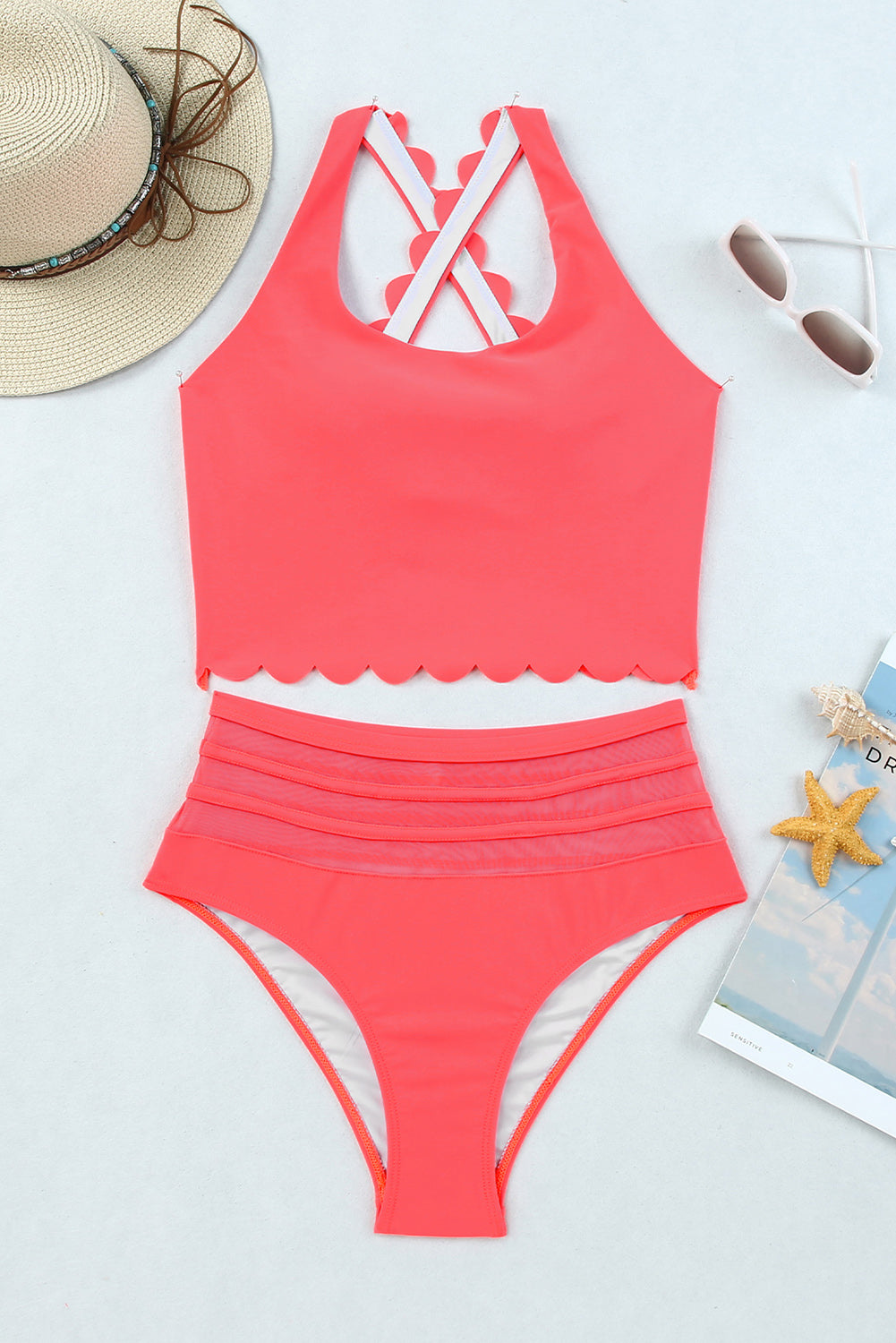 Red Scalloped Criss Cross High Waist Bikini