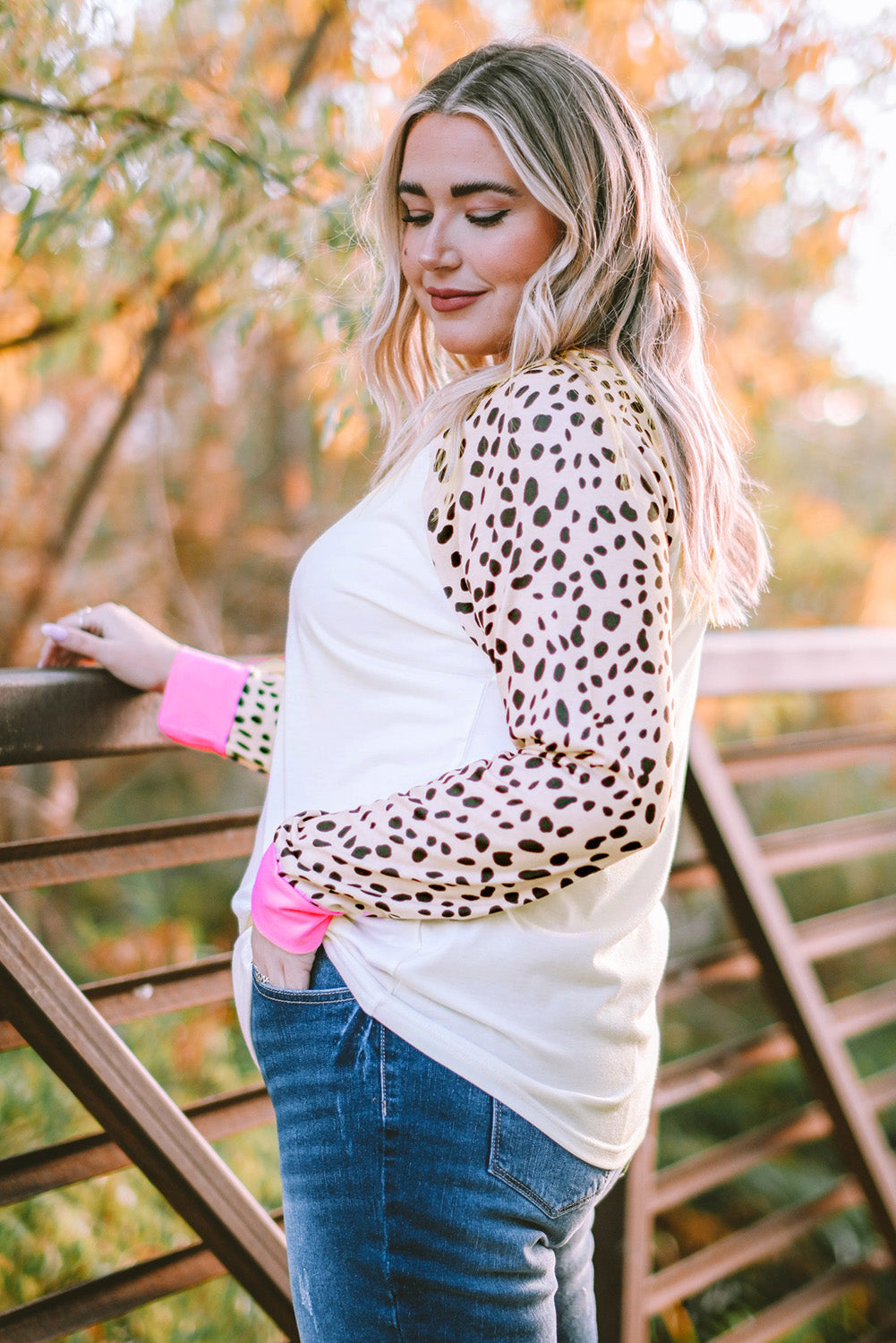 White Leopard Patchwork Long Sleeve Plus Size Top