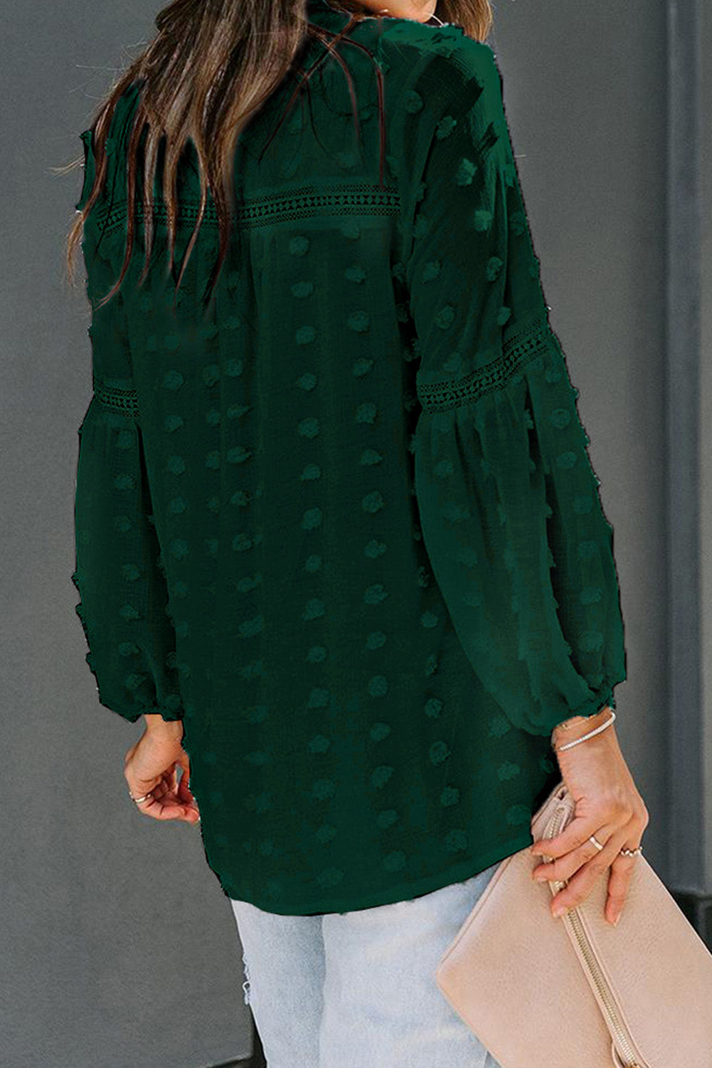 Green Ruffled Split Neck Lace Hollow Out Puff Sleeve Polka Dot Blouse