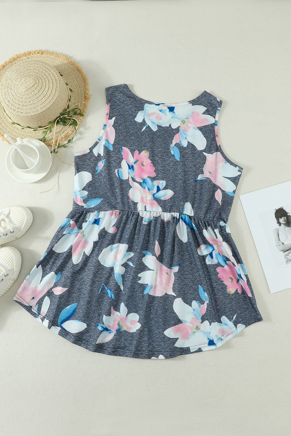 Gray Flowy Blooms Babydoll Tank Top