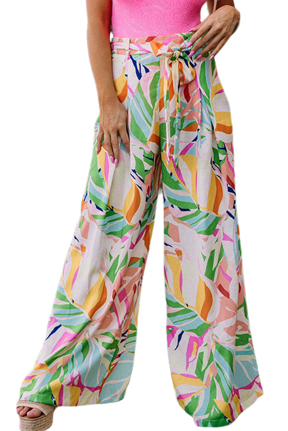 Multicolor Tropical Leafy Print Belted Wide Leg Pants