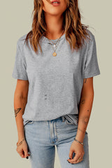 Gray Ripped Solid Color Short Sleeve T Shirt