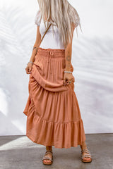 Orange Tie Smocking High Waist Tiered Maxi Skirt