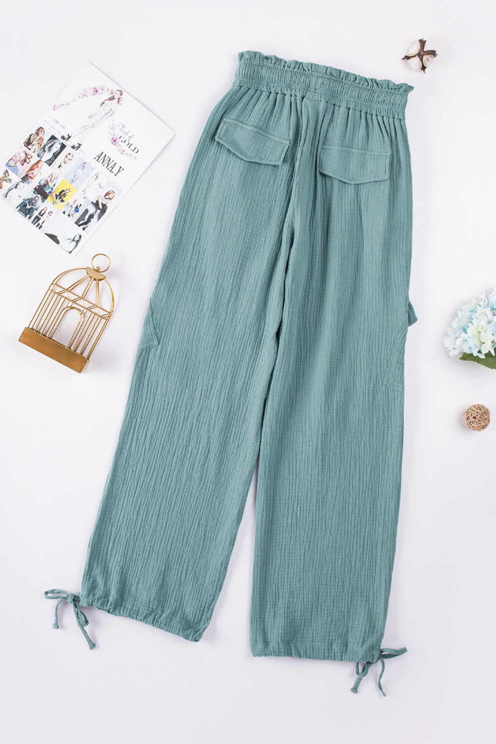 Green Frill Drawstring Waist Crinkle Cargo Pants