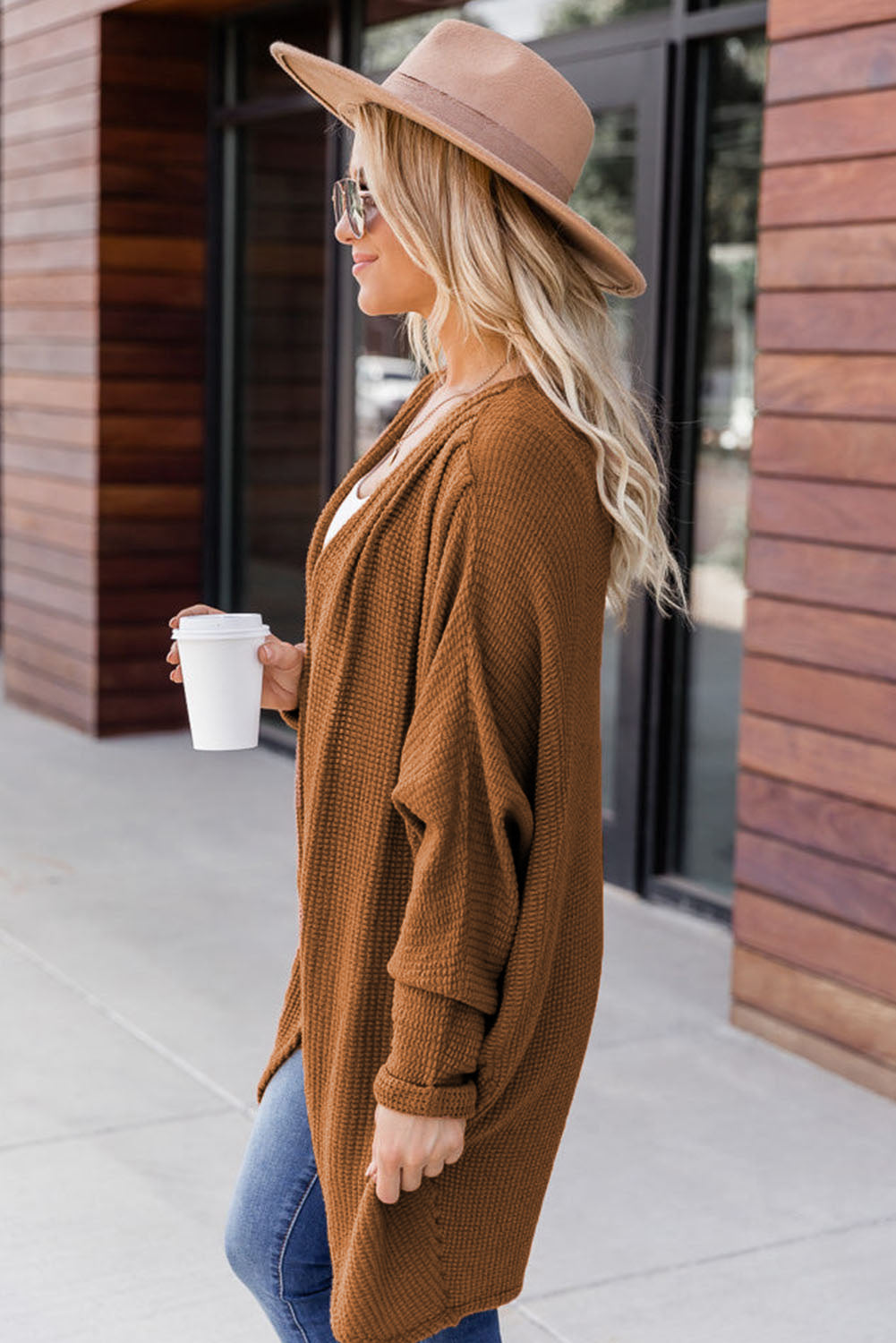 Brown Waffle Knit Open Front Rounded Hem Cardigan
