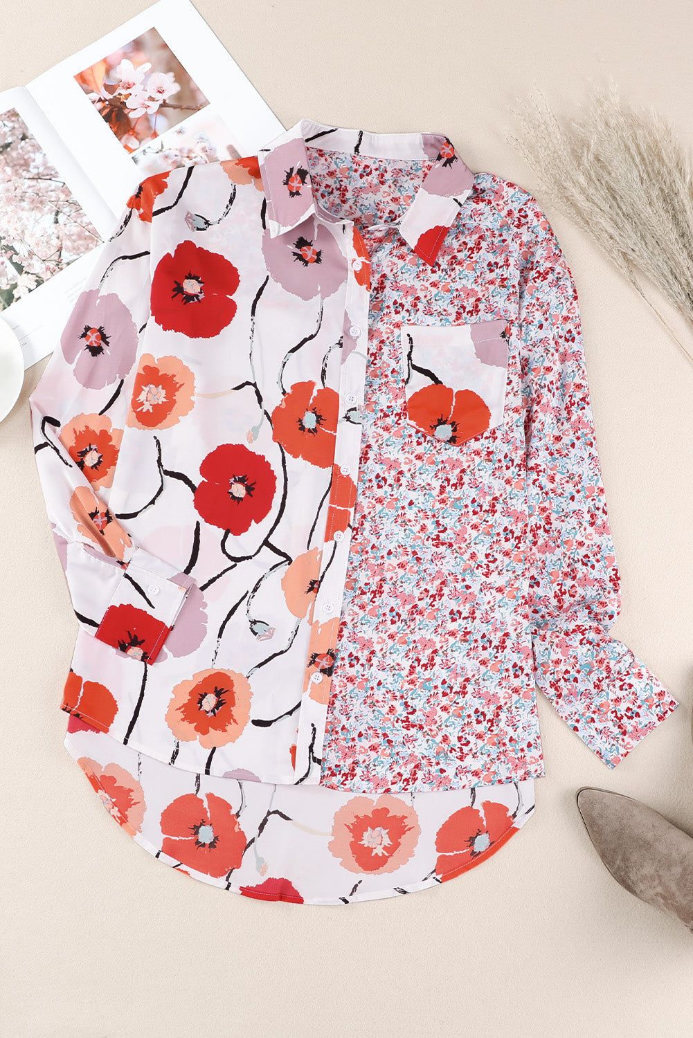 Red Floral Patchwork Buttoned Shirt with Pocket