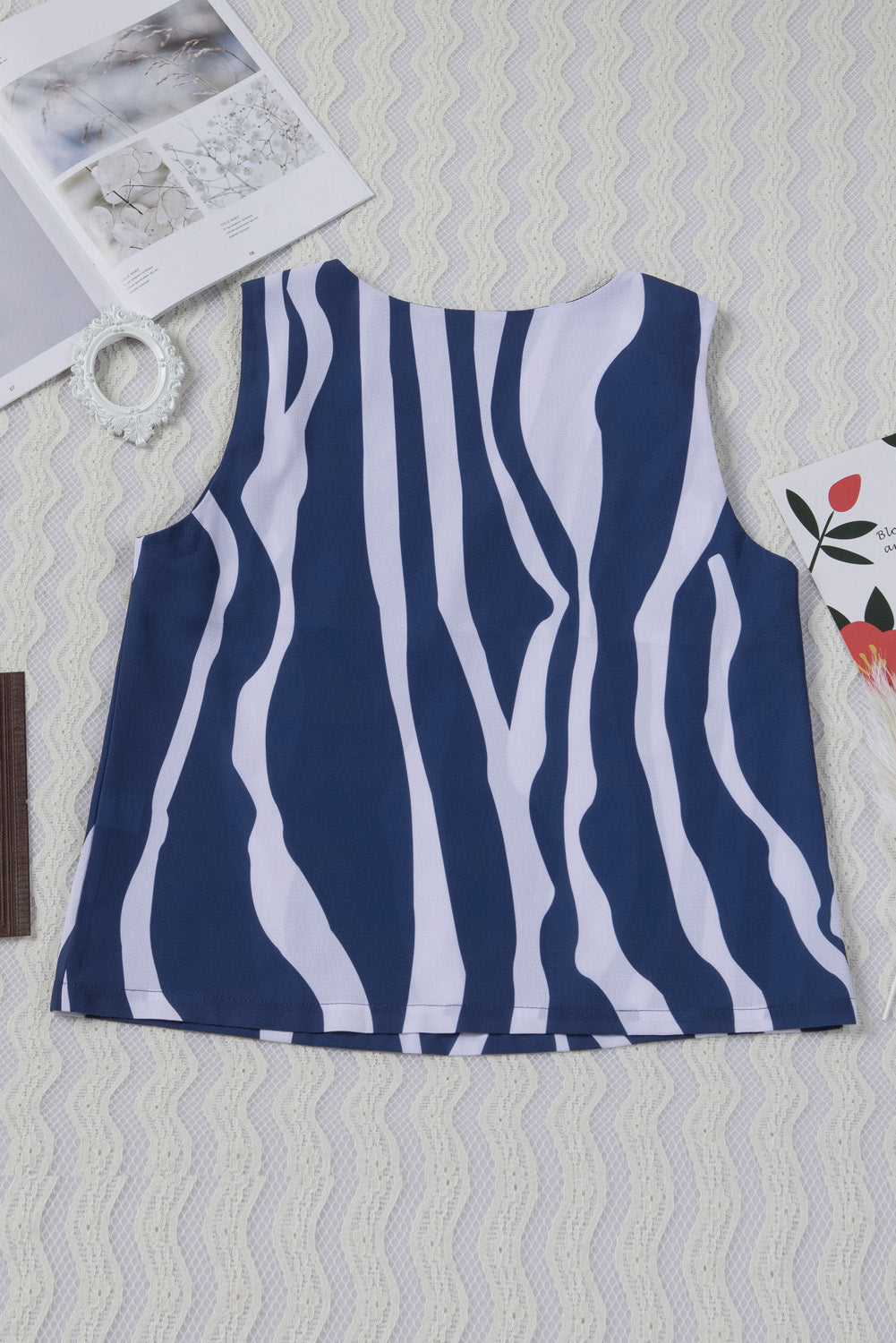 Blue Abstract Striped V Neck Knotted Straps Tank Top