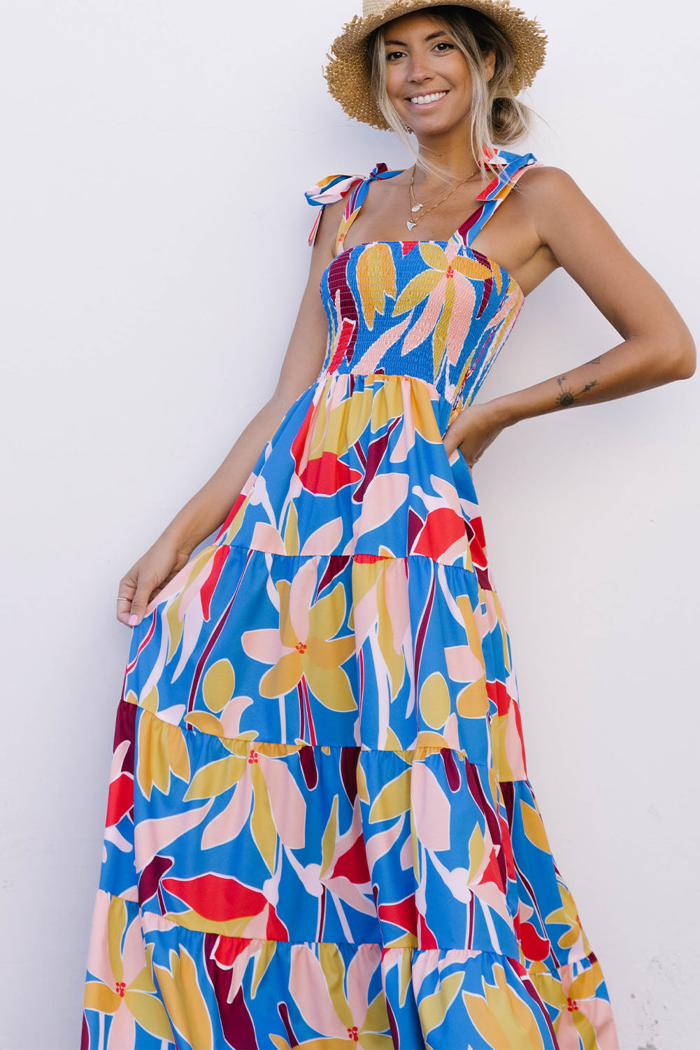 Orange Boho Print Tie Straps Smocked Maxi Dress