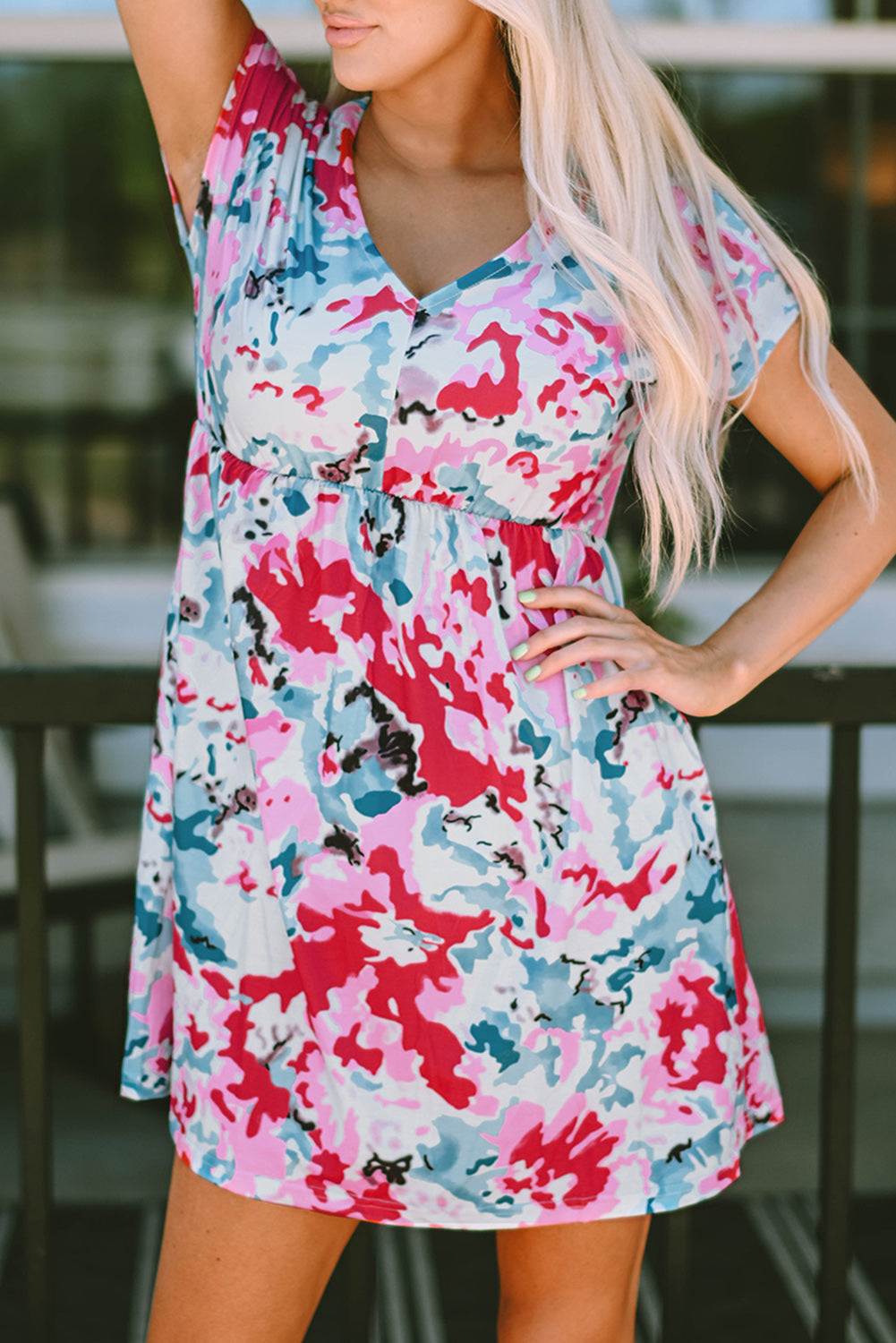 Red V Neck Short Sleeve Floral Dress