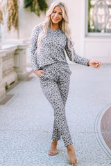 Leopard Animal Print V Neck Pullover and Pants Lounge Set