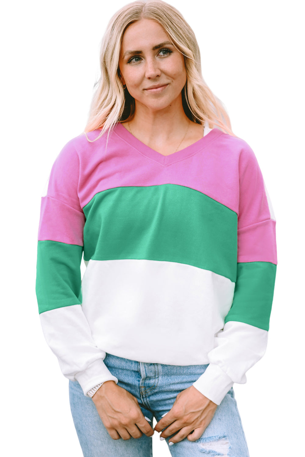 Pink Ribbed V Neck Color Block Patchwork Sweatshirt