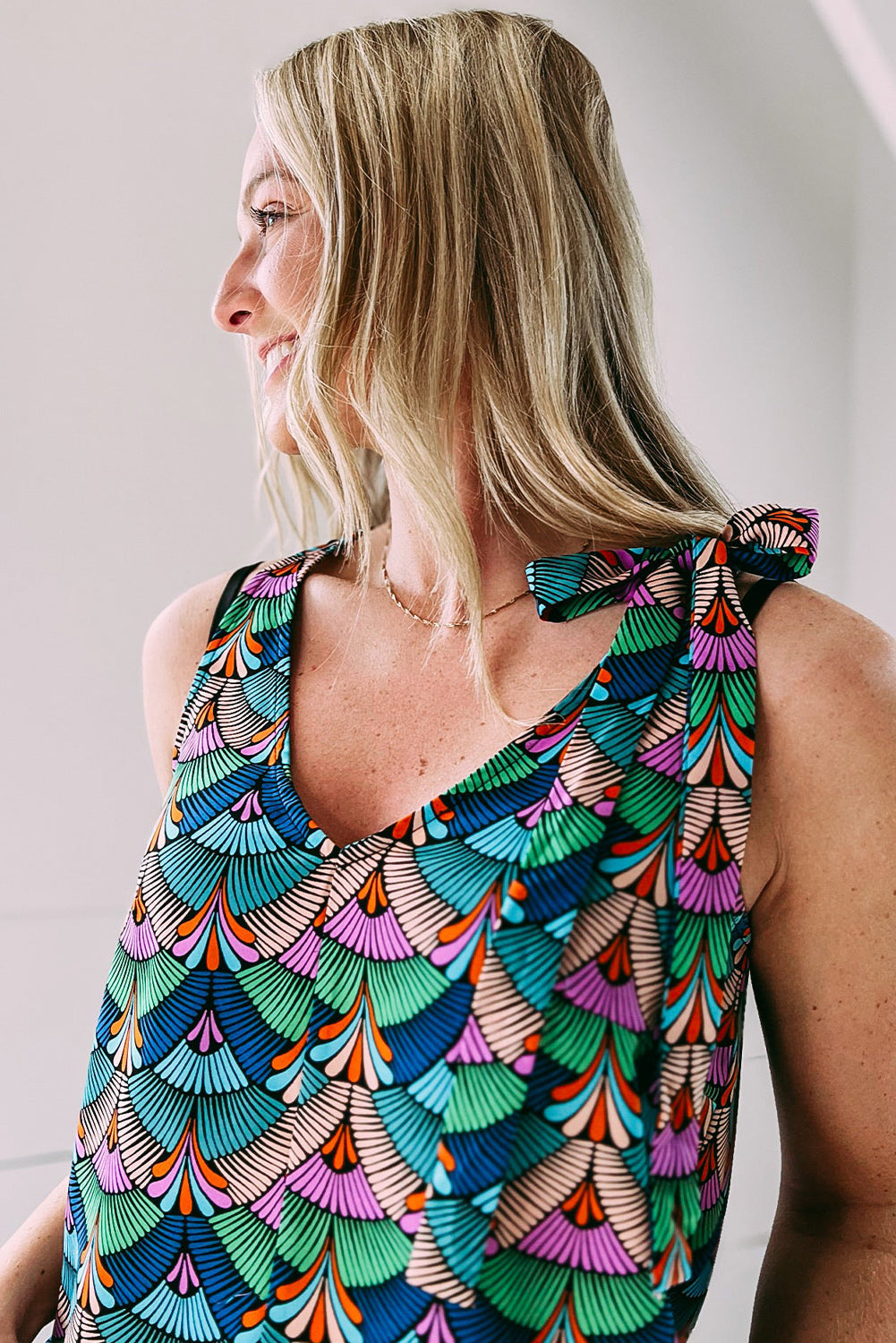 Blue Printed Knotted Shoulder Tank Top