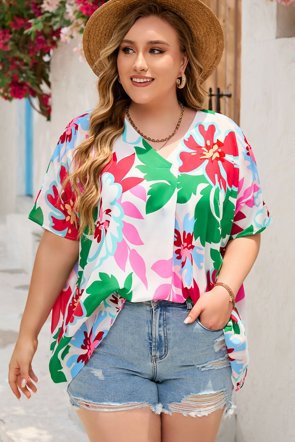 Green Floral Print Faux Wrap Plus Size Blouse