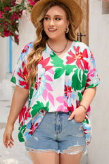Green Floral Print Faux Wrap Plus Size Blouse