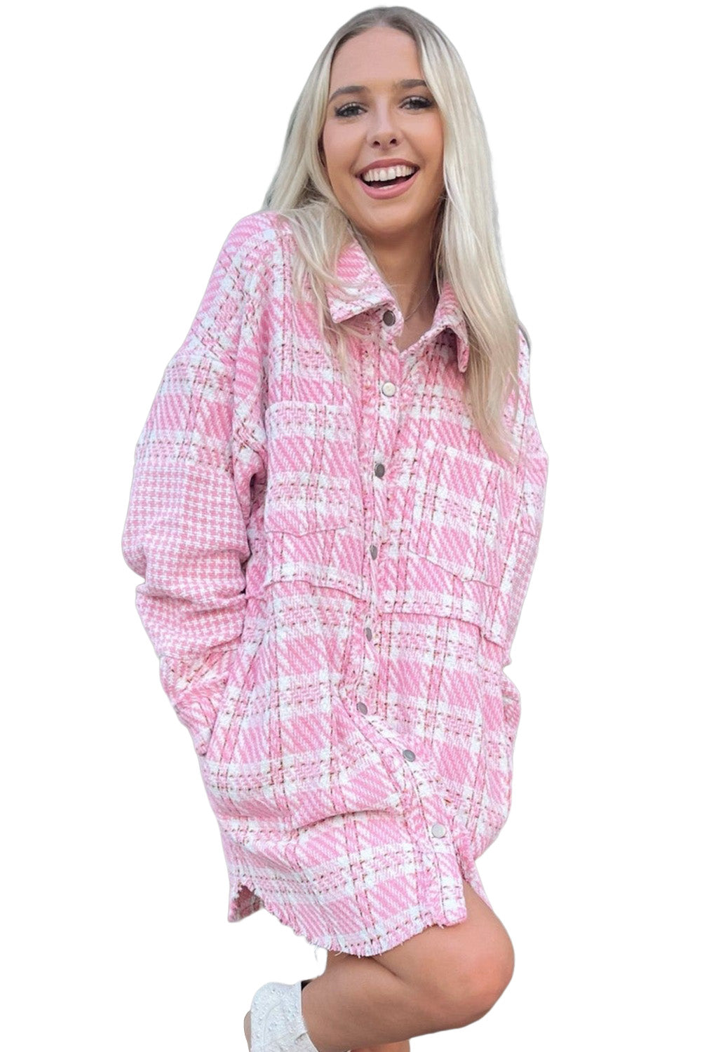 Pink Houndstooth Splicing Oversized Tweed Shacket