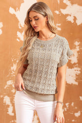 Khaki Ruffle Short Sleeves Cable Knit Textured Top