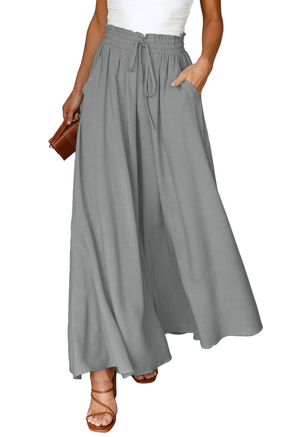Beige Drawstring Smocked High Waist Wide Leg Pants