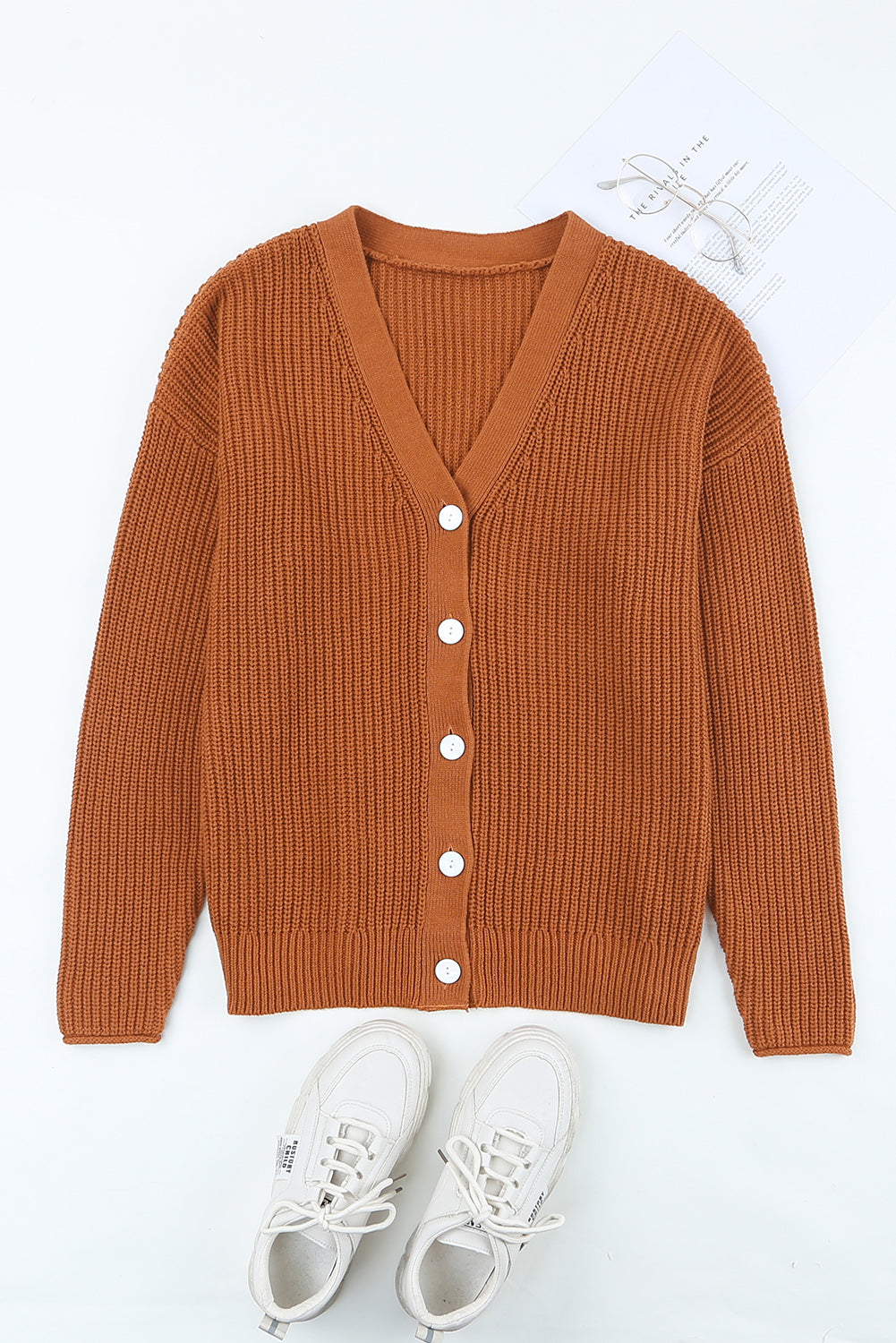 Brown V Neck Drop Shoulder Buttons Cardigan