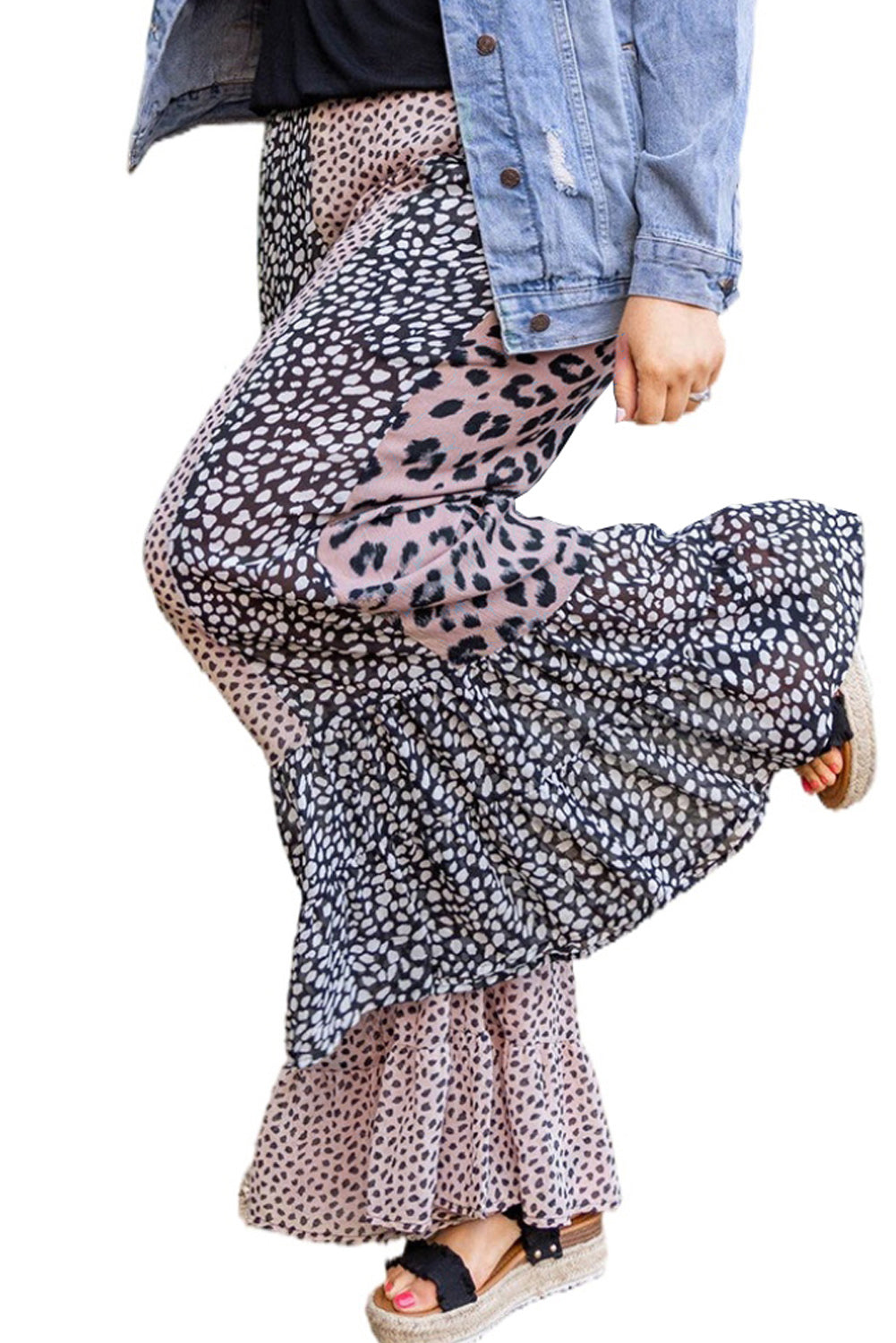 Leopard Print Color Block Ruffled Plus Size Pants