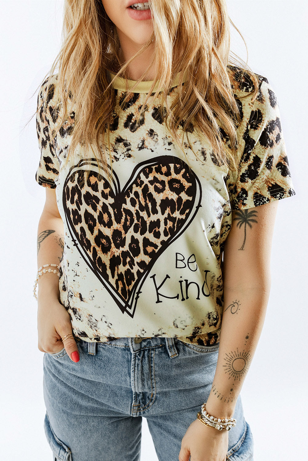 Leopard Be Kind Heart Graphic Print T Shirt