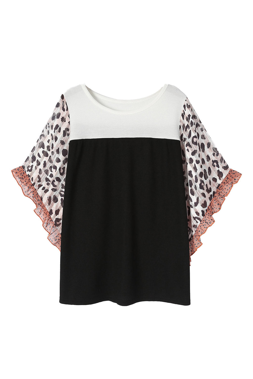 Khaki Waffle Knit Animal Print Ruffle Sleeves Plus Size Top