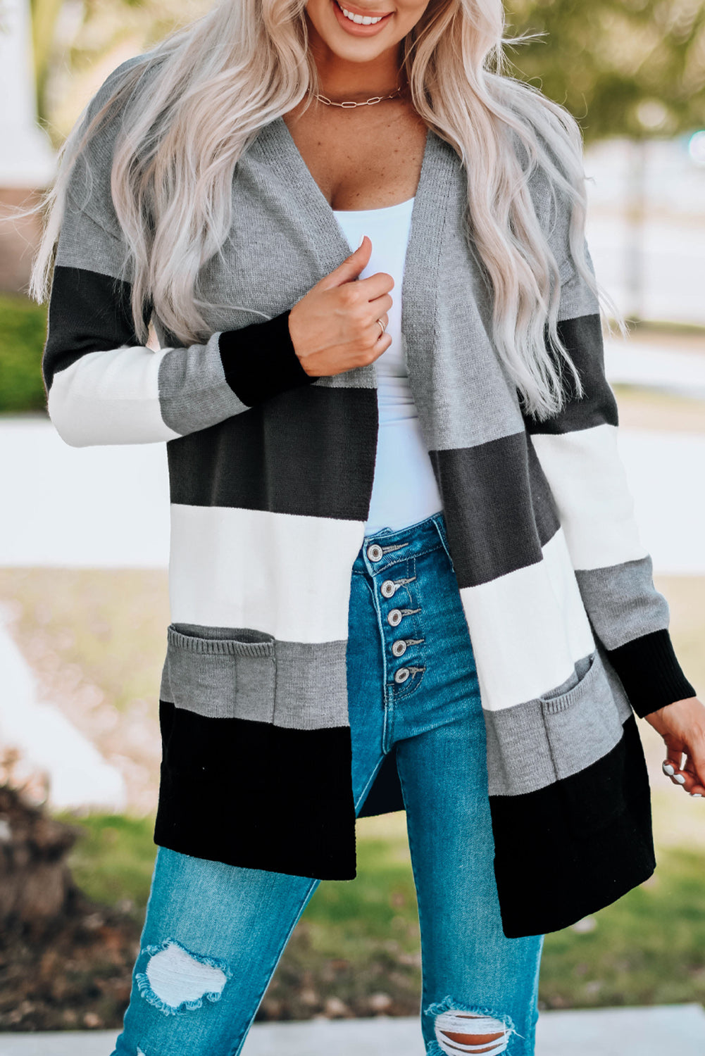 Khaki Open Front Colorblock Cardigan with Pockets