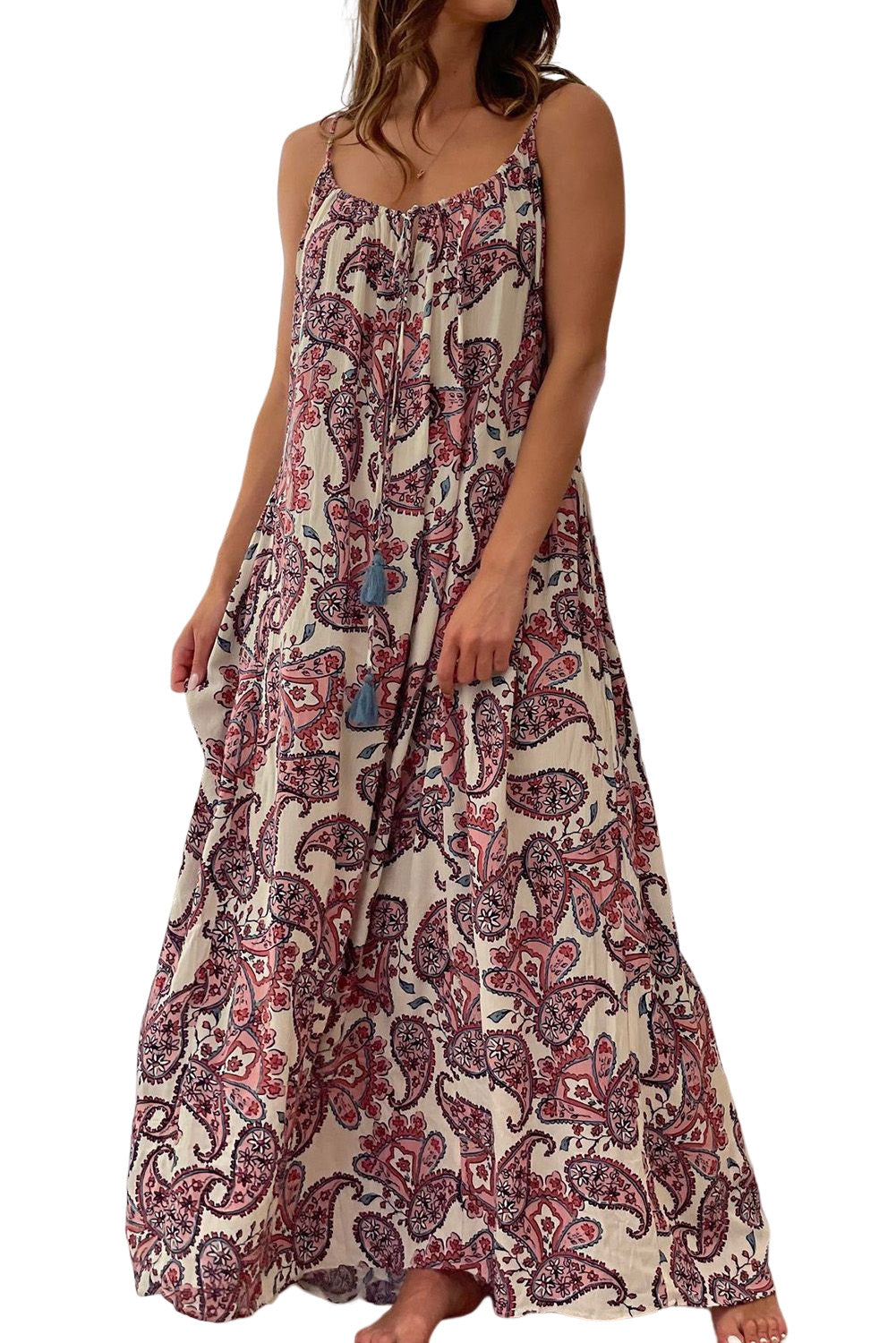 White Boho Paisley Print Spaghetti Straps Maxi Dress