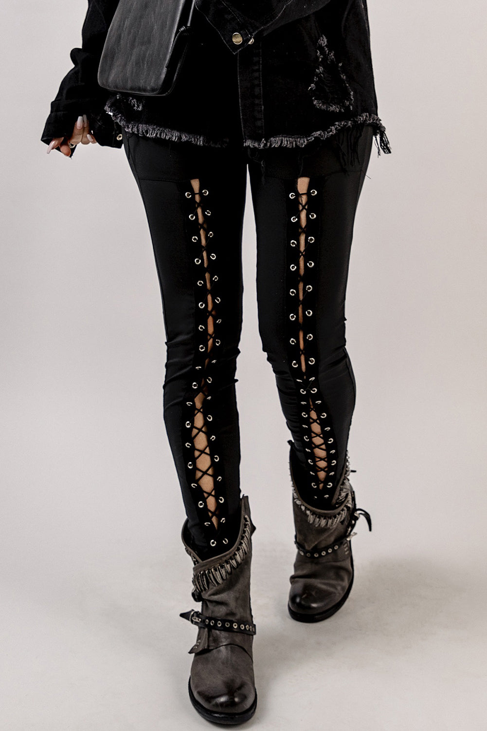 Black Grommet Lace Up Front Leggings