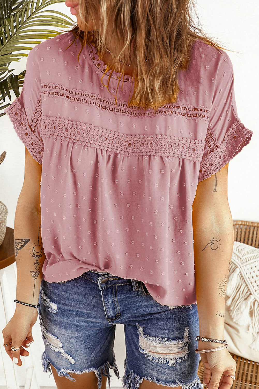 Apricot Swiss Dot Lace Splicing Short Sleeve Top