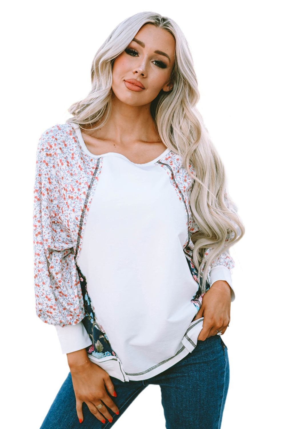 Multicolor Floral Print Patchwork Long Sleeve Top