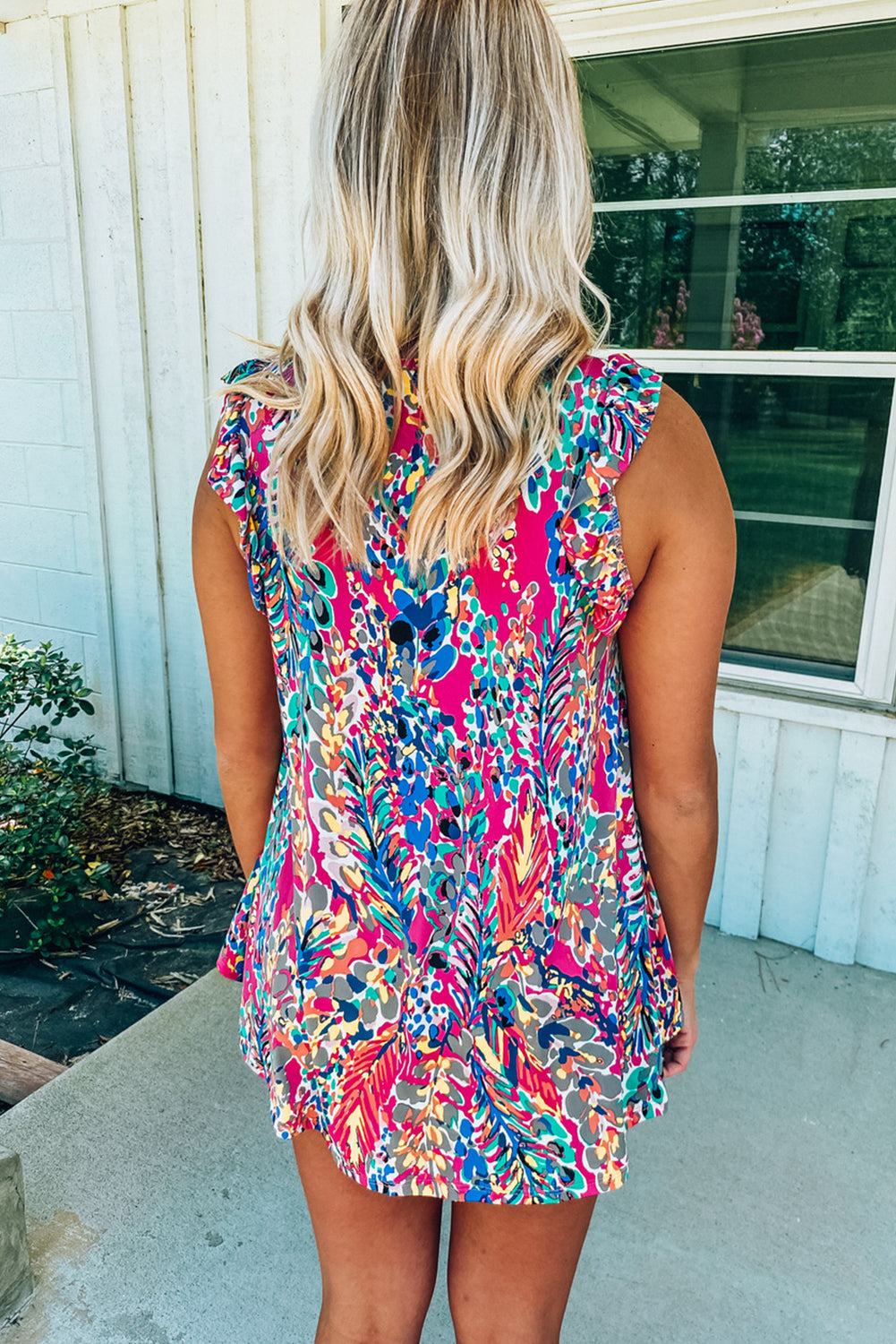 Blue Floral Print Tank Top with Ruffles