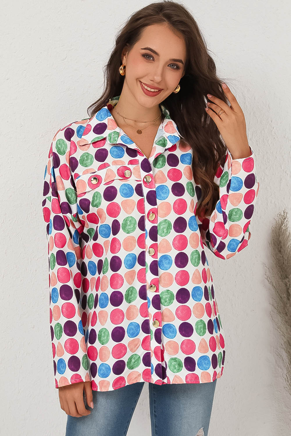 Multicolor Polka Dot Buttoned Long Sleeve Shirt