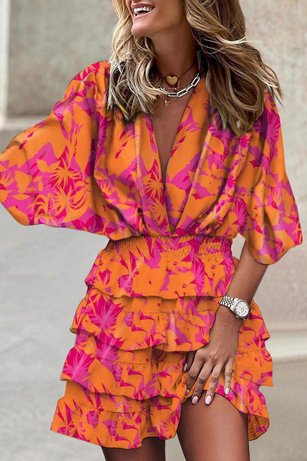 Multicolor Floral Print Ruched V Neck Batwing Sleeve Mini Dress