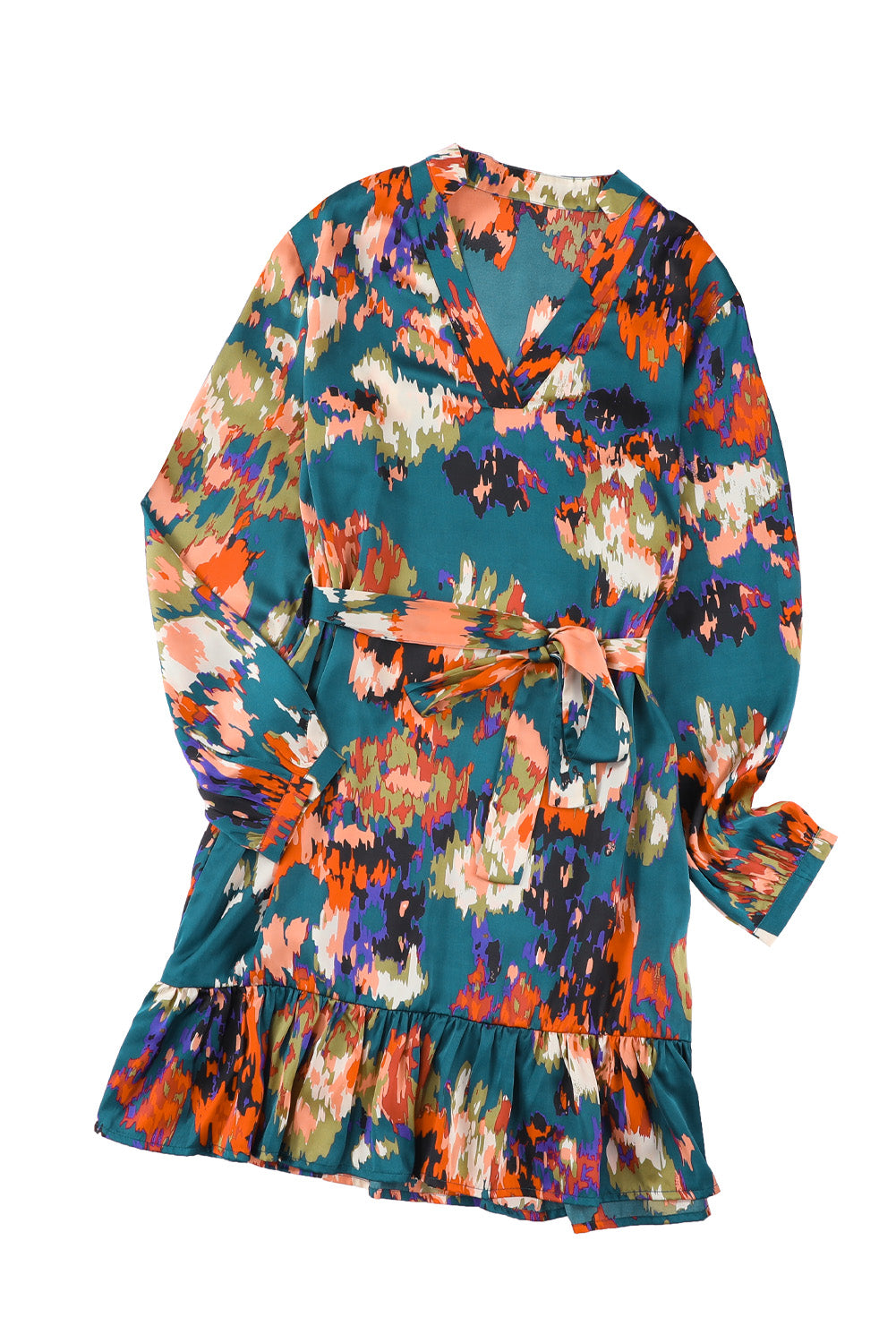 Green Abstract Print Ruffled Drawstring High Waist Mini Dress