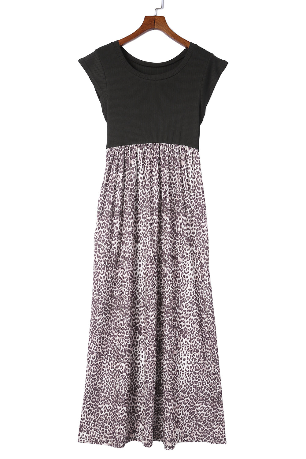 Gray Leopard Patchwork Ribbed Maxi Dress with Pockets