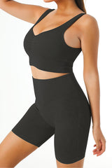 Black Plain Ribbed V Neck Sports Bra