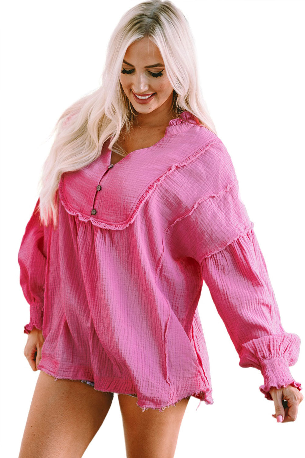 Pink Retro Frilled Seam Crinkle Puff Sleeve Blouse