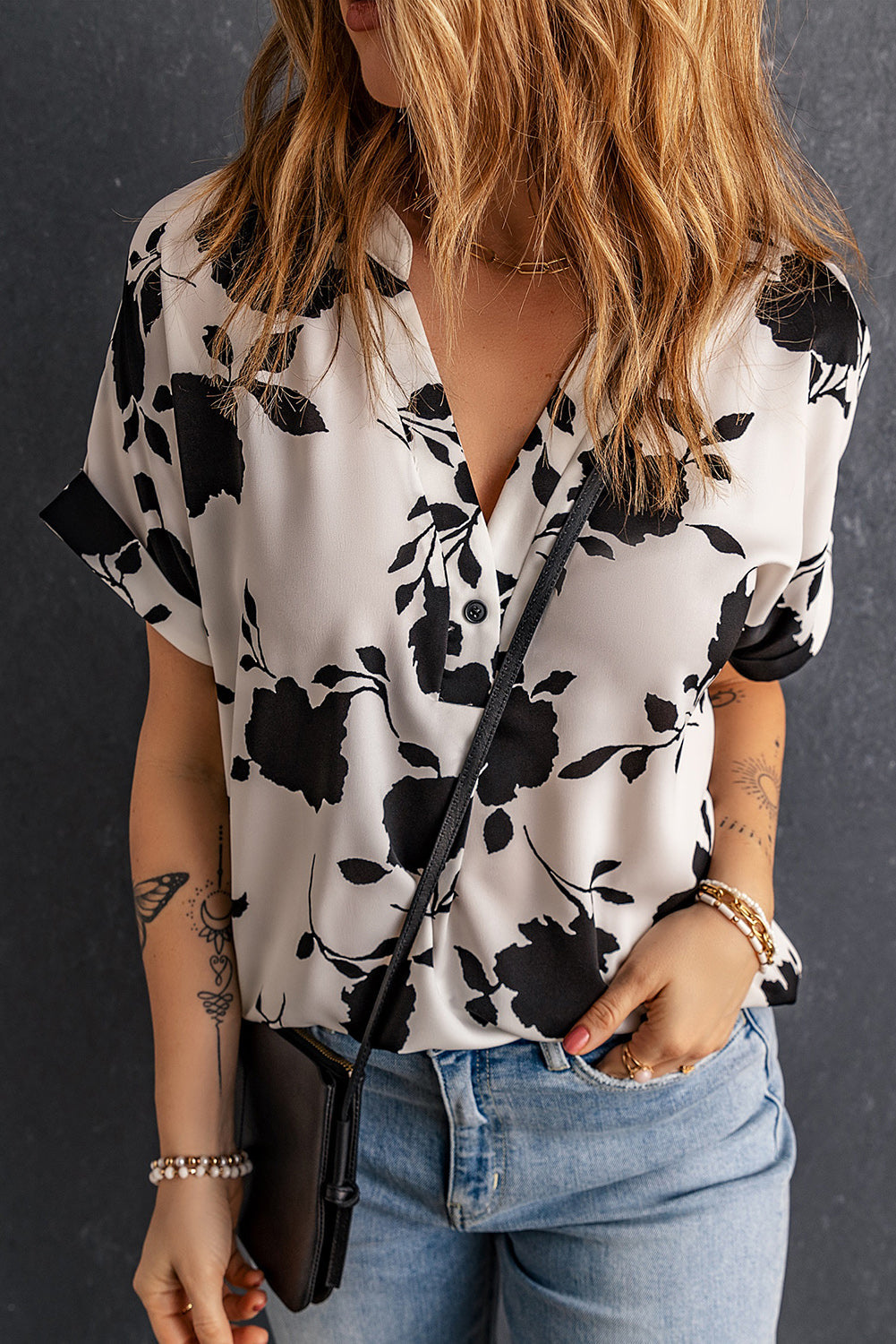 Black Floral Printed Short Sleeve Blouse