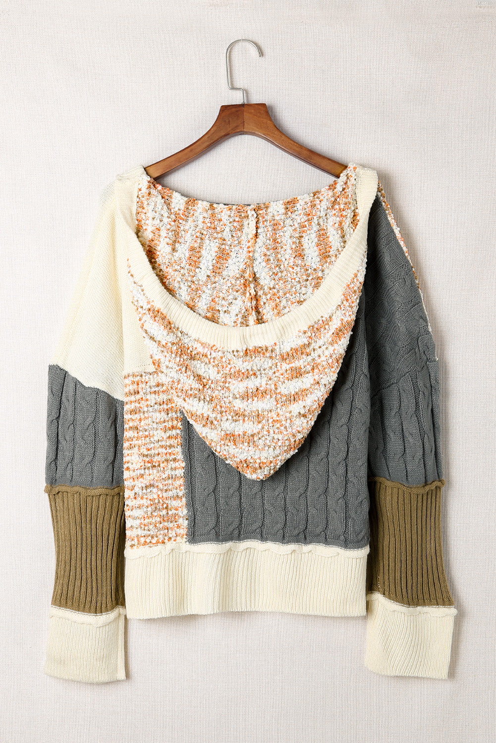 Beige Colorblock Patchwork Buttons Hooded Cardigan