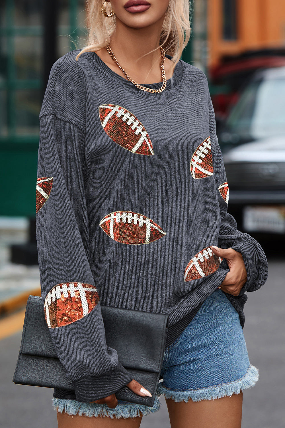 Red Sequined Rugby Graphic Drop Shoulder Sweatshirt