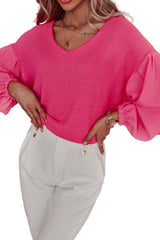 Rose Waffle Knit Balloon Sleeve Splicing V Neck Top