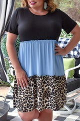 Sky Blue Colorblock Leopard Patchwork T Shirt Plus Size Dress