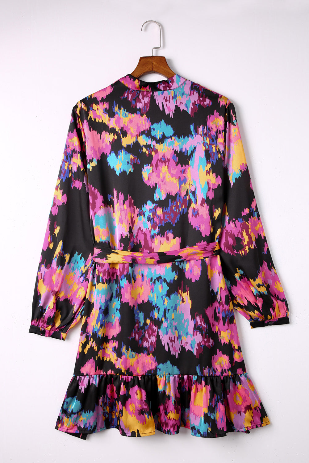 Green Abstract Print Ruffled Drawstring High Waist Mini Dress