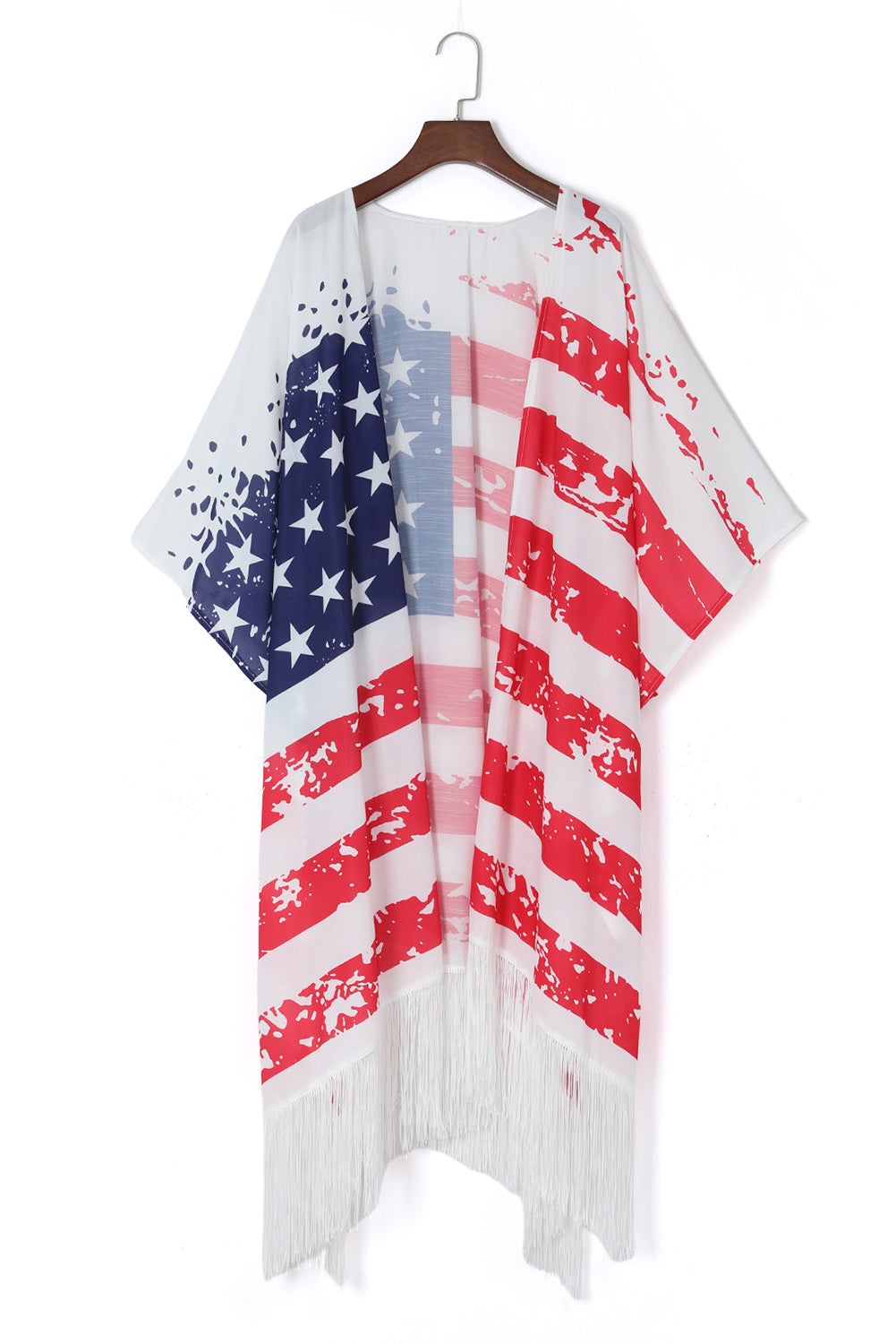 Multicolor Plus Size American Flag Tasseled 3/4 Sleeve Cardigan