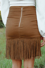 Brown Tassel Zipped Pockets High Waist Mini Skirt