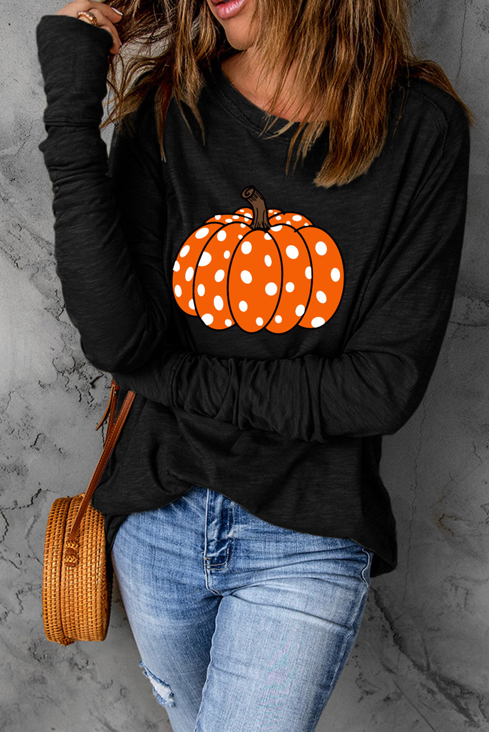 Black Halloween Pumpkin Graphic Thumbhole Sleeve Top